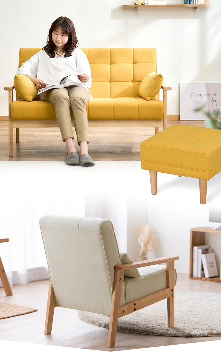 【3点セット】ソファ 1人掛けウッドフレームソファ WFS-1Sと2人掛けウッドフレームソファ WFS-2Sとオットマン WFS-OT マスタード4