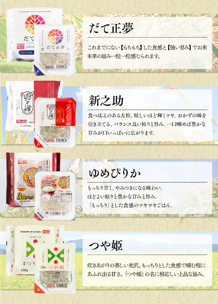 【12食】パックご飯 銘柄米4種食べ比べセット 150g つや姫 だて正夢 新之助 ゆめぴりか1