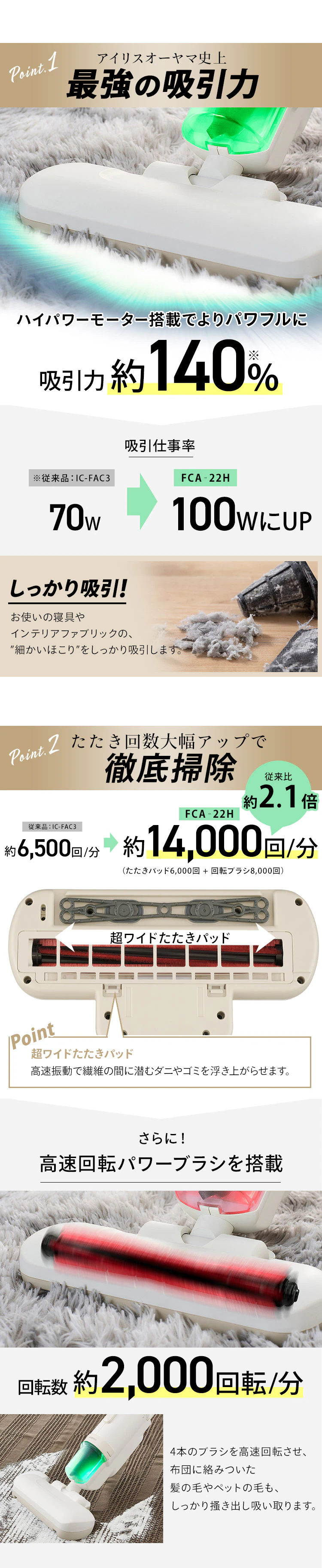 布団クリーナー ふとん掃除機 コード式 たたき毎分14000回 FCA-22H-C4