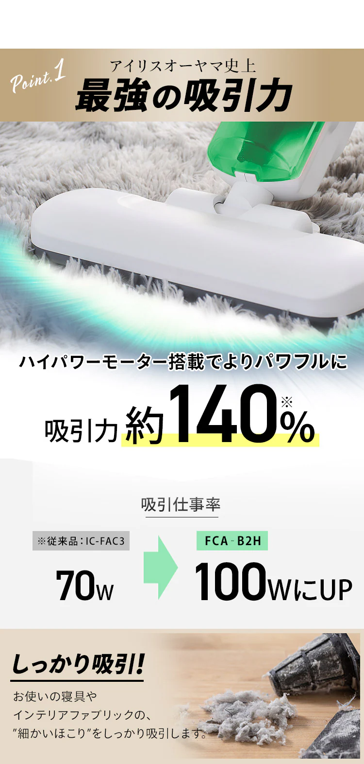 布団クリーナー 最強モデル ハイパワー ダニちりセンサー 吸引仕事率100W 自立式 ソファ・カーペット対応 FCA-B2H-W4