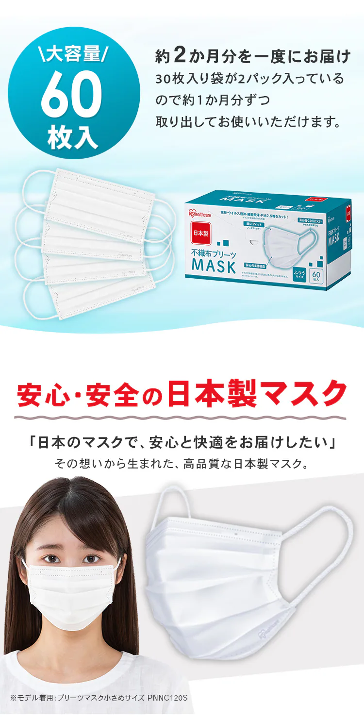 ≪9%OFF≫【60枚】 日本製 プリーツ マスク 小さめサイズ2