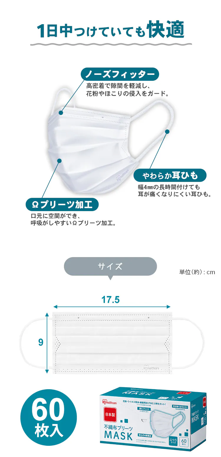 不織布プリーツマスク ホワイト 60枚入3