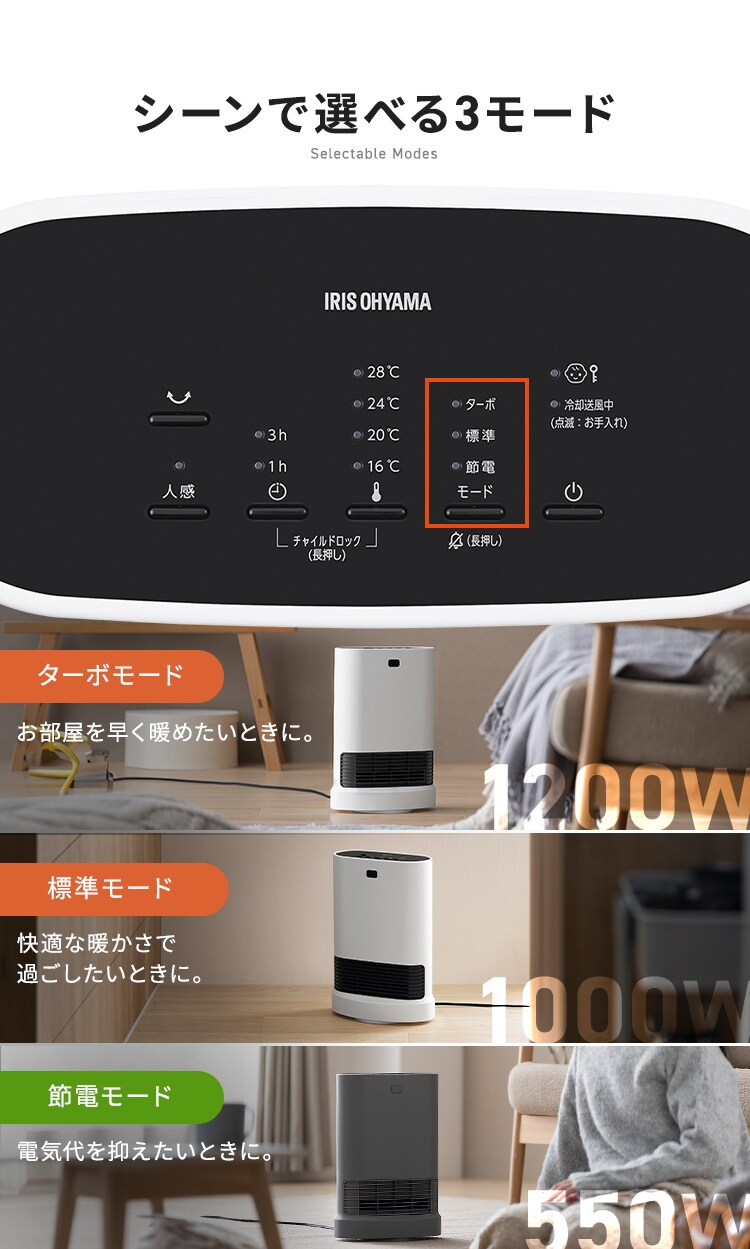 セラミックヒーター 大風量 首振り Wセンサー 省エネ KCH-LWSW121-W ホワイト5