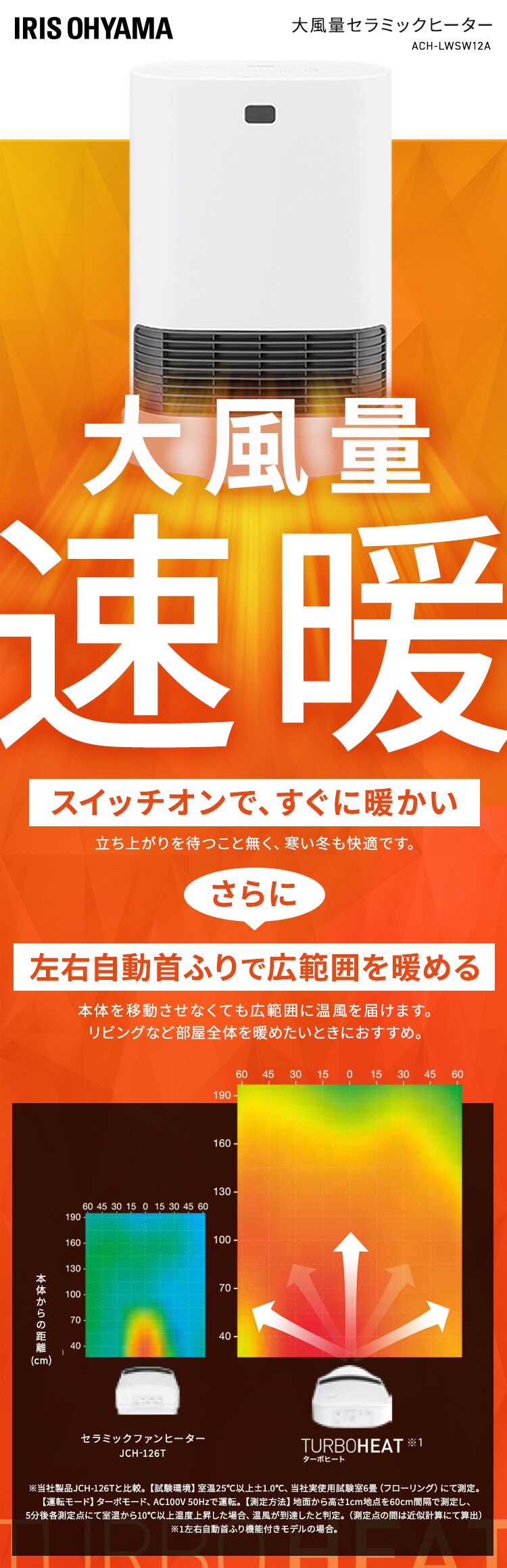 【10％OFFクーポン配布中！！】　大風量セラミックファンヒーター 首振り Wセンサー ACH-LWSW12A-B ブラック1