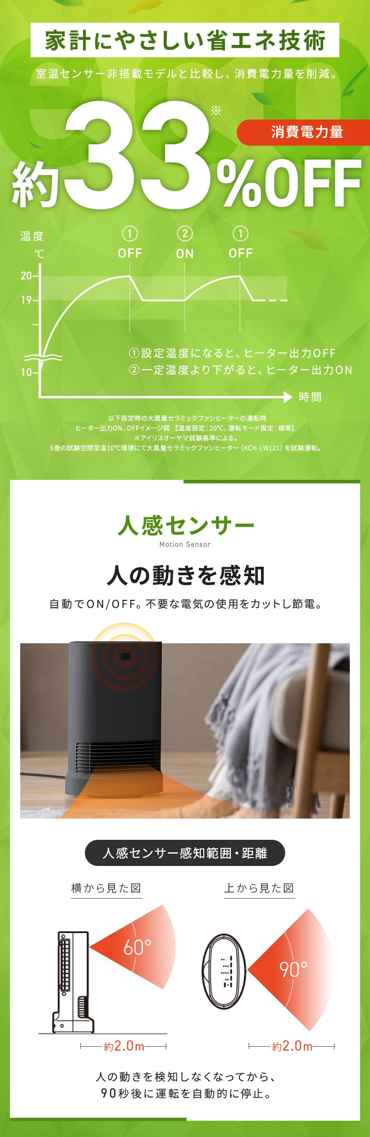 【10％OFFクーポン配布中！！】　大風量セラミックファンヒーター 首振り Wセンサー ACH-LWSW12A-B ブラック4