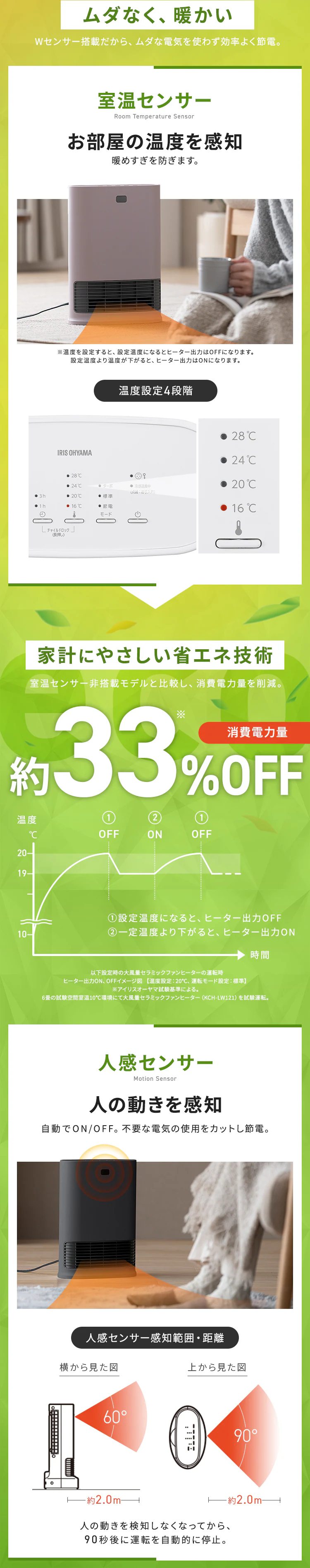 【冬家電早割!10%OFFクーポン配布中!!】 大風量セラミックファンヒーター Wセンサー付き ACH-LW12A-W ホワイト2