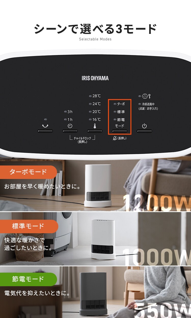 セラミックヒーター 大風量 首振り 室温センサー 省エネ KCH-LTSW121-W ホワイト5