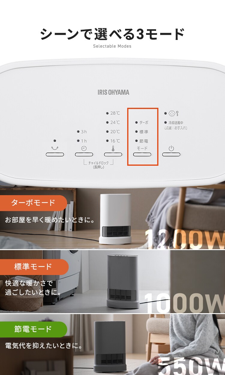 セラミックヒーター 大風量 首振り 室温センサー 省エネ ACH-LTSW12A-W ホワイト5