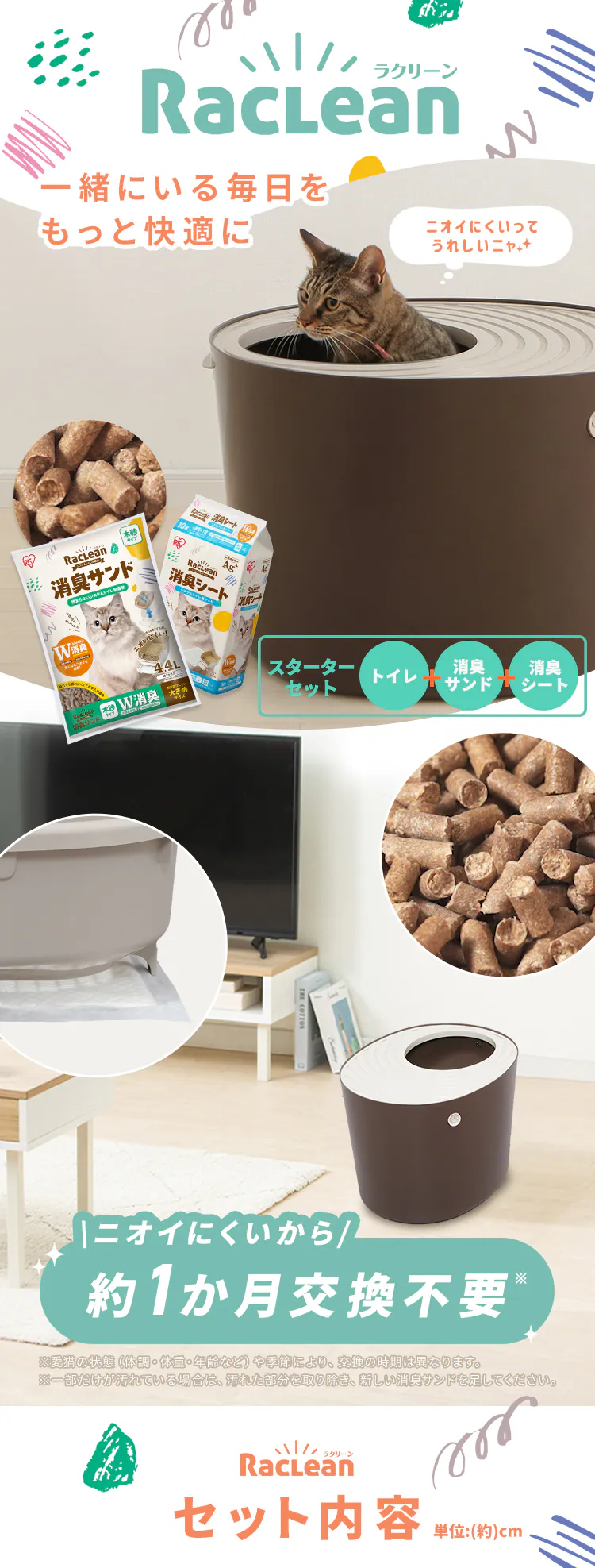 \約1か月分のスターターセット/ラクリーン 上から猫トイレシステムタイプ ダークブラウン RUNS-53(消臭サンド 木砂(大きめ)2.2L/消臭シート 4枚 付属)0