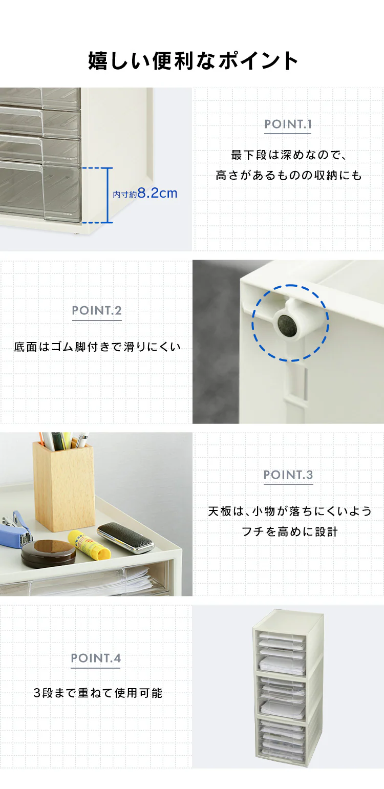 書類ケース  レターケース A4 浅型3段+深型1段 ストッパー付き 滑り止めゴム脚付 LCJ-4D ホワイト3