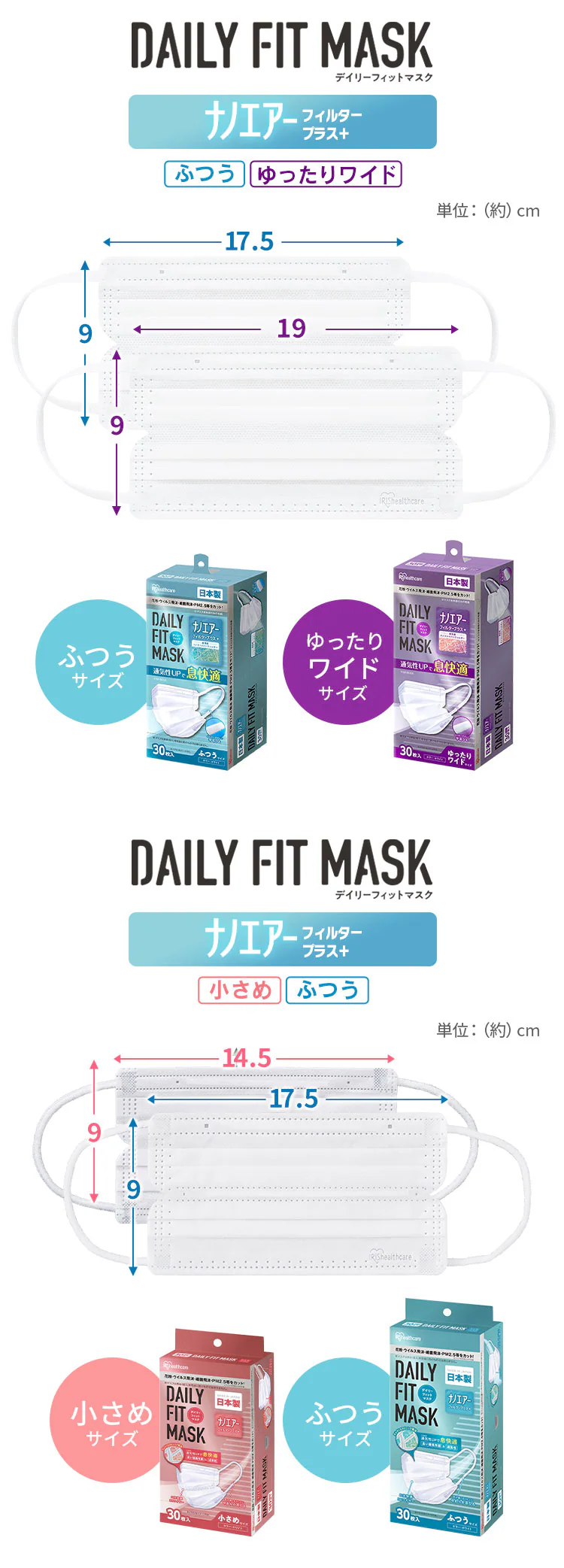 【30枚】 日本製 DAILY FIT MASK (耳ゴム4mm) マスク ふつうサイズ ナノエアーフィルタープラス6