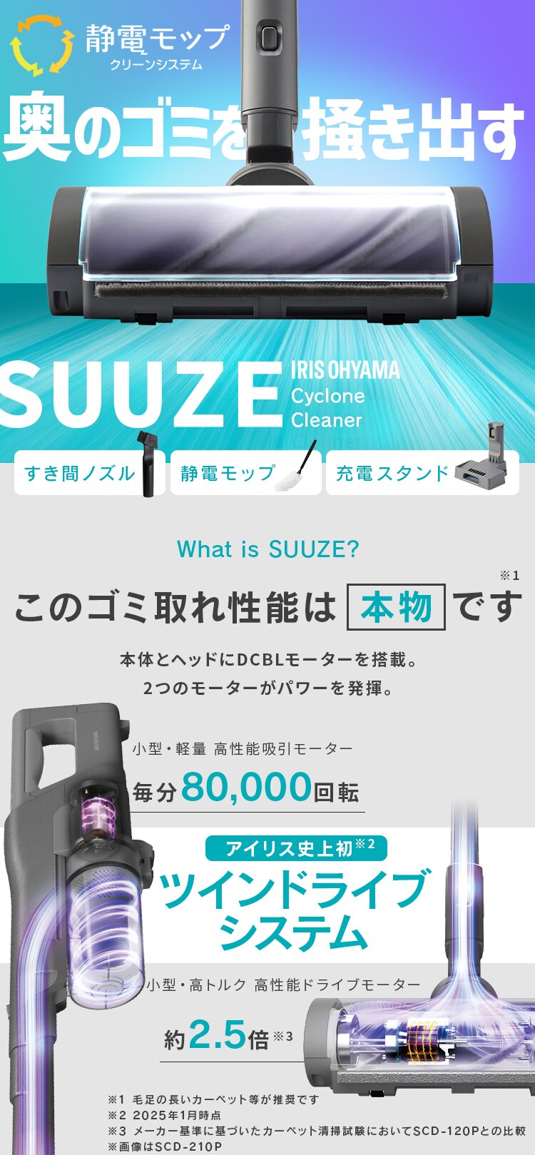 充電式サイクロンスティッククリーナーSUUZE SCD-U2P-H グレー［B］0