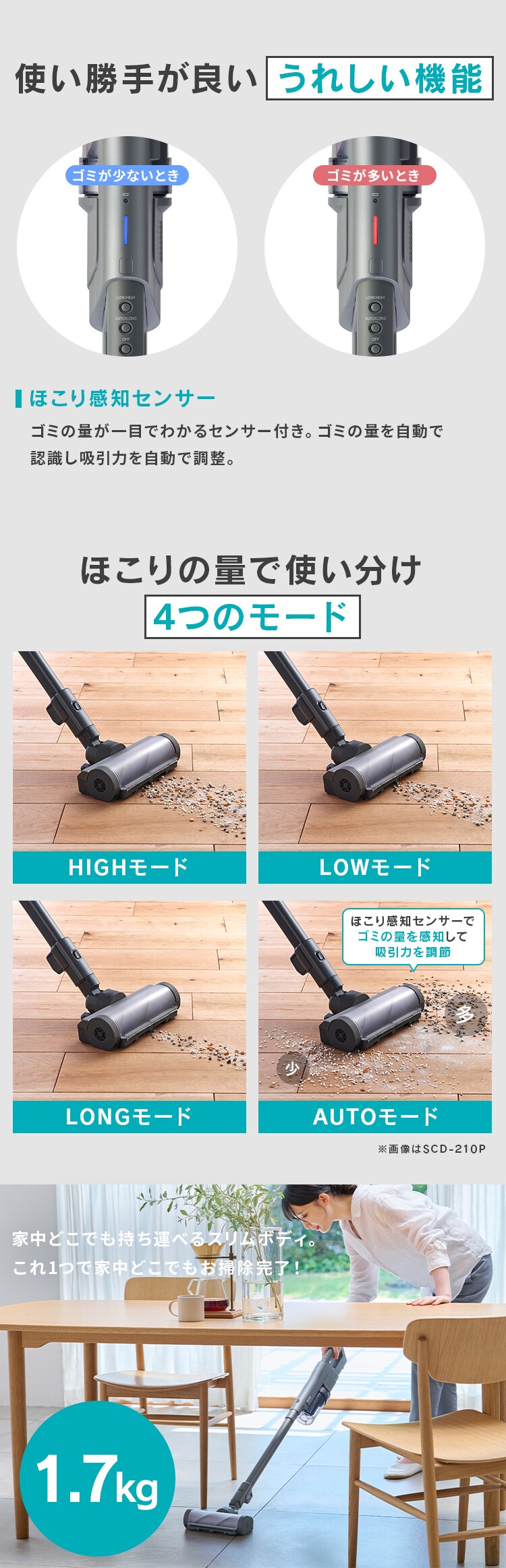 充電式サイクロンスティッククリーナーSUUZE SCD-U2P-H グレー［B］3