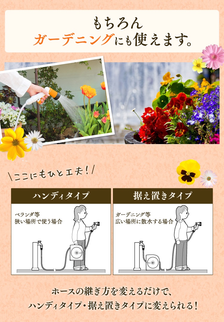 ホースリール 15m フルカバー 温水対応 水流切り替え6種 OCHR-15 ホワイト/オレンジ【2年保証付き】6