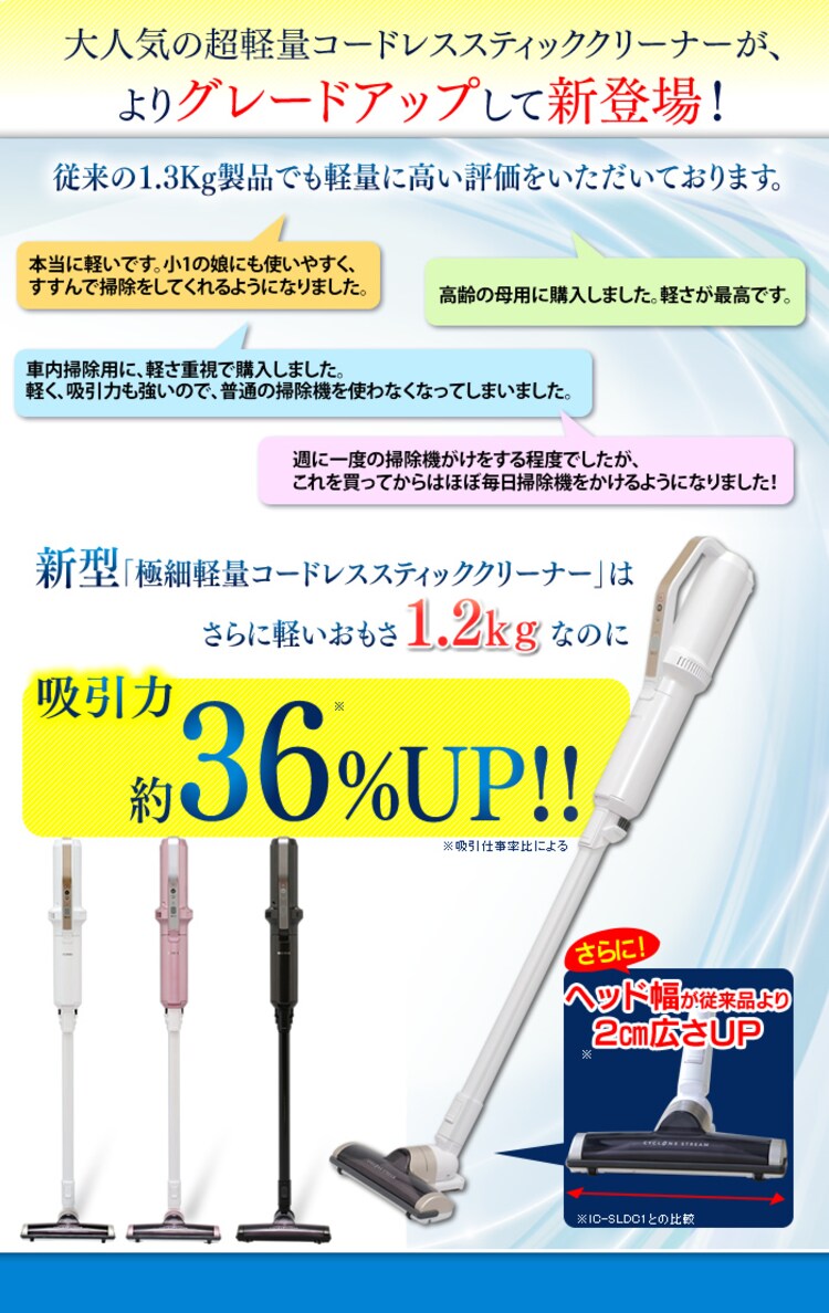 【訳あり】極細軽量スティッククリーナー IC-SLDC4-W パールホワイト1