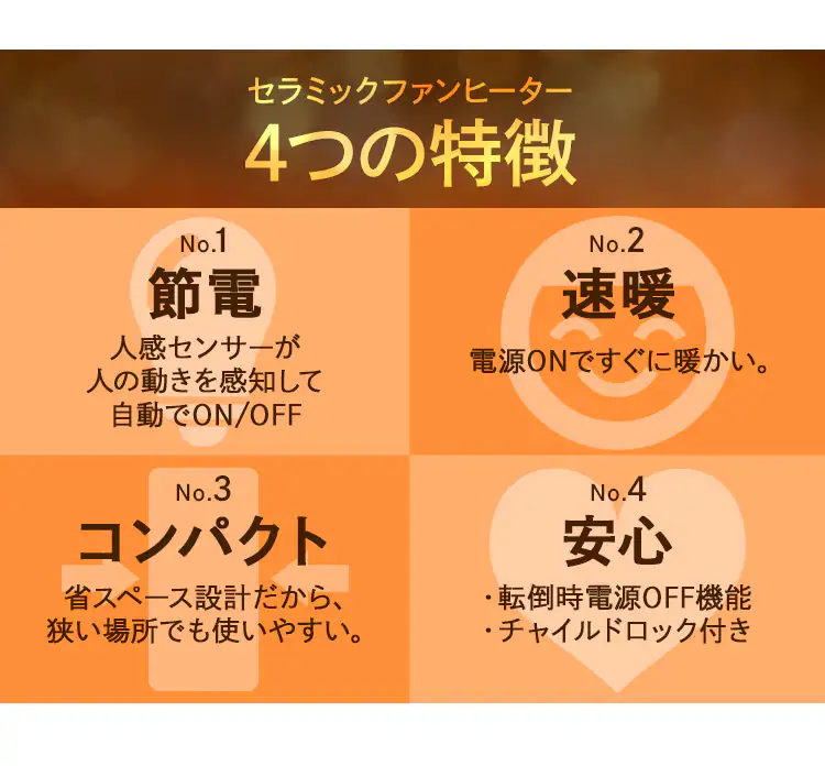 大風量 セラミックヒーター 人感センサー JCH-12TD47