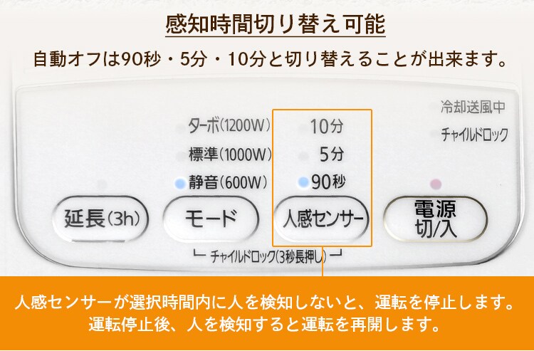 セラミックヒーター 人感センサー JCH-12TD4-P 風量3段階 大風量 16
