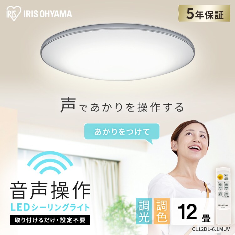 LED シーリングライト 12畳 調光 調色 音声操作 工具・工事不要 リモコン付き 5年保証 CL12DL-6.1MUV0