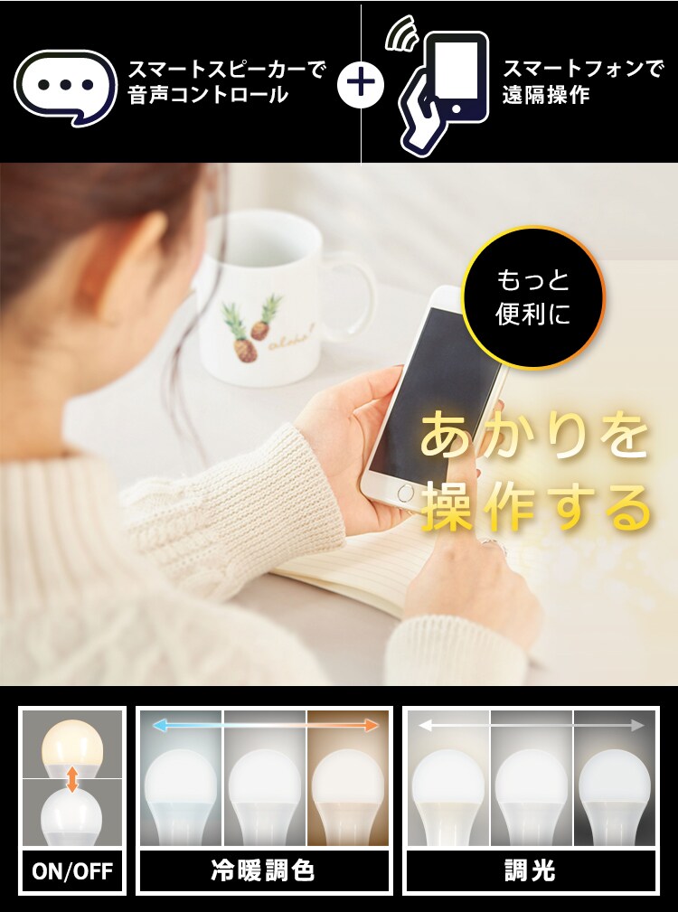 LED電球 E26 広配光 60形相当 冷暖調色 AIスピーカー LDA9D/L-G/D-86AITG+Google Nest Mini1