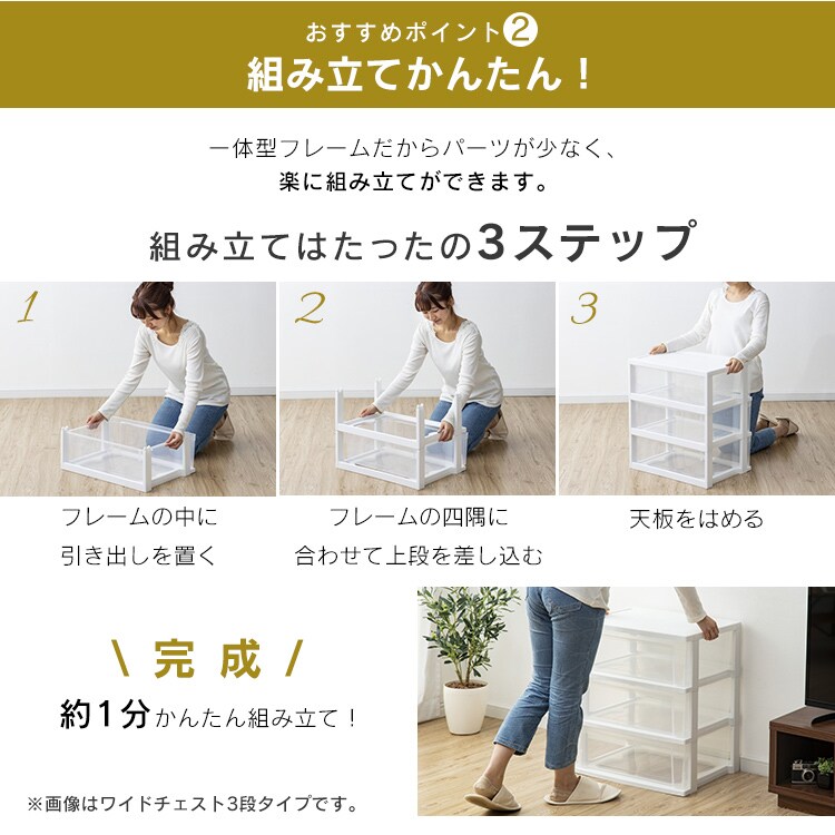 【訳あり】チェスト 4段 収納ボックス タンス ワイドチェスト ホワイト／クリア NSW-5444