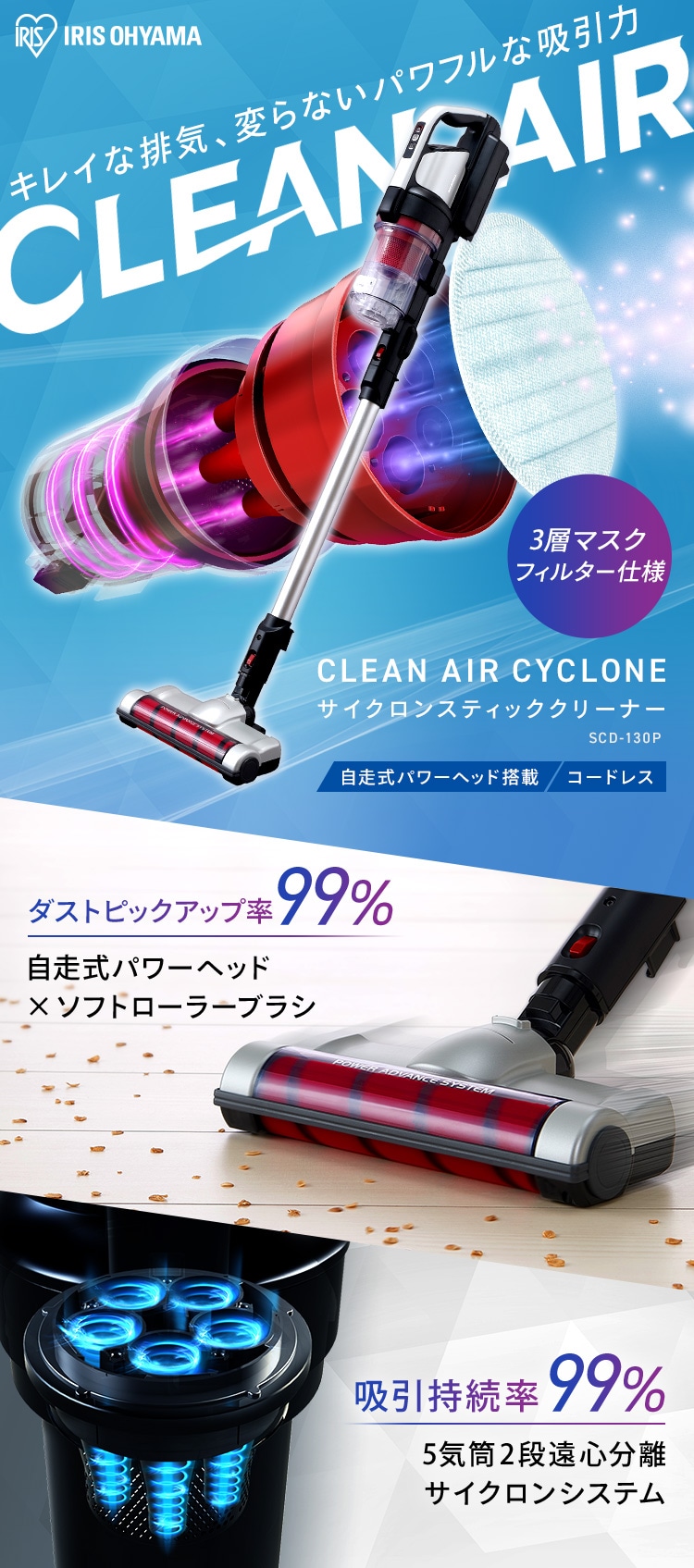 掃除機　充電式　サイクロンスティッククリーナー パワーヘッド　アイリスオーヤマ