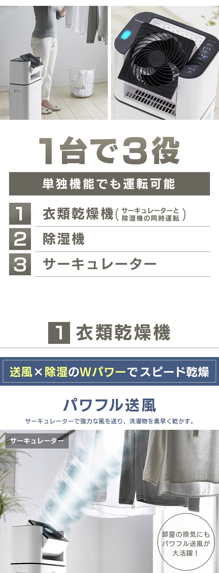 冷暖房/空調 除湿機 サーキュレーター付き除湿機 5L KIJDC-L50 ホワイト