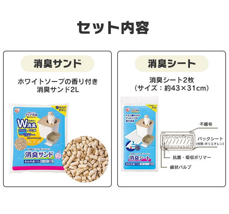 お部屋のにおいクリア消臭 猫用システムトイレ 消臭サンド2Lと消臭シート2枚 お試しセット ONCO-2 P287977│アイリスプラザ│ アイリスオーヤマ公式通販サイト