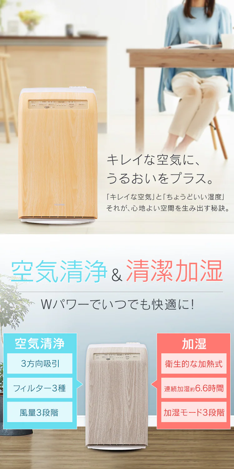 空気清浄機 10畳 加湿空気清浄機 8畳 デザインモデル スチーム式 風量3段階 加湿モード3段階 マイナスイオン RHF-253-TM 薄茶木目2