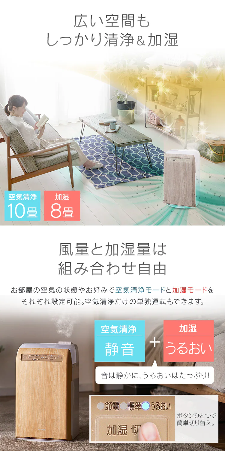 空気清浄機 10畳 加湿空気清浄機 8畳 デザインモデル スチーム式 風量3段階 加湿モード3段階 マイナスイオン RHF-253-TM 薄茶木目3
