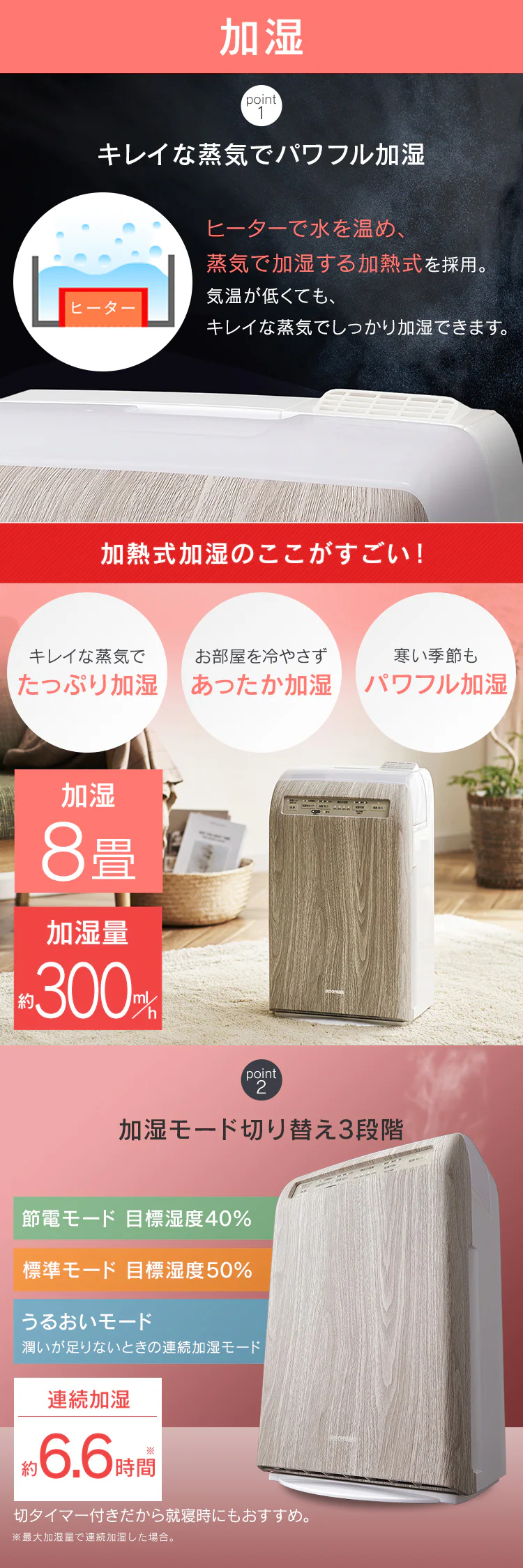 空気清浄機 10畳 加湿空気清浄機 8畳 デザインモデル スチーム式 風量3段階 加湿モード3段階 マイナスイオン RHF-253-TM 薄茶木目10