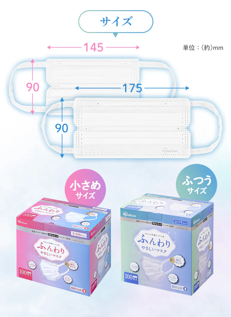 ふんわりやさしいマスク 100枚入 全2サイズ PK-FY100L・PK-FY100S4