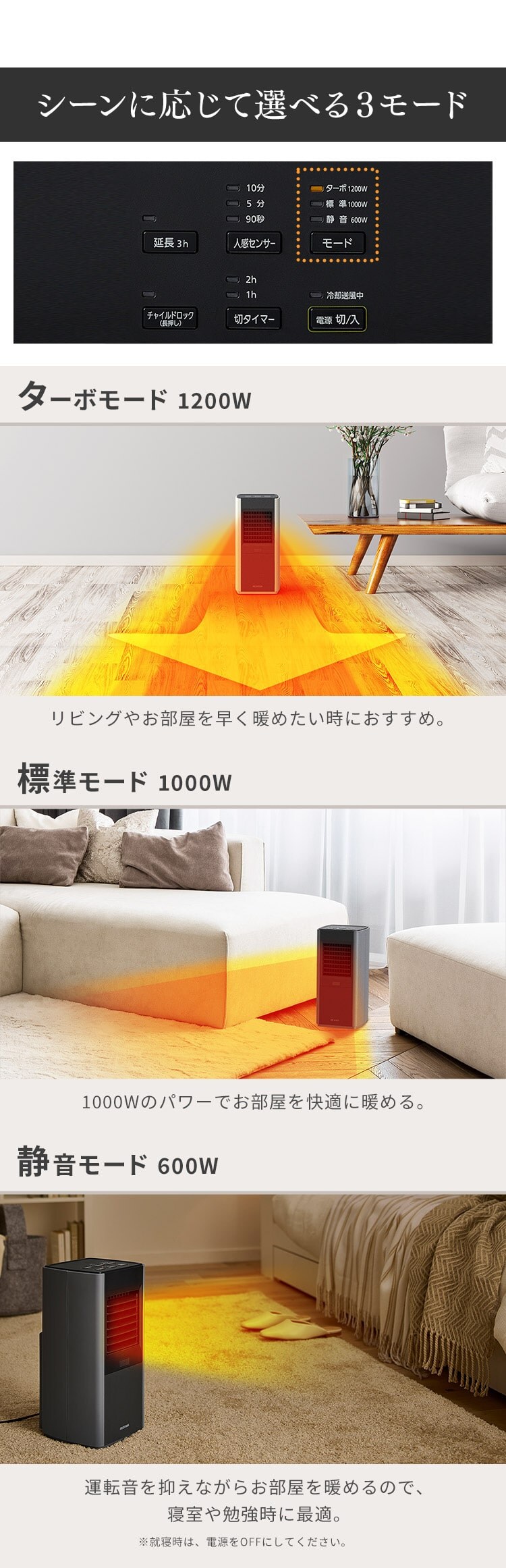 大風量 セラミックヒーター スリム 人感センサー  切タイマー KJCH-12TDS1-W6