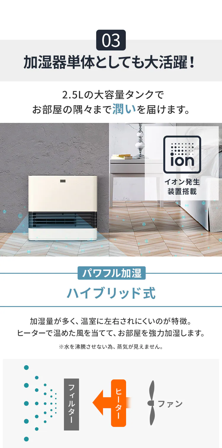 セラミックヒーター 大風量 加湿機能 人感センサー イオン搭載 PCH-HM12B-H グレー4