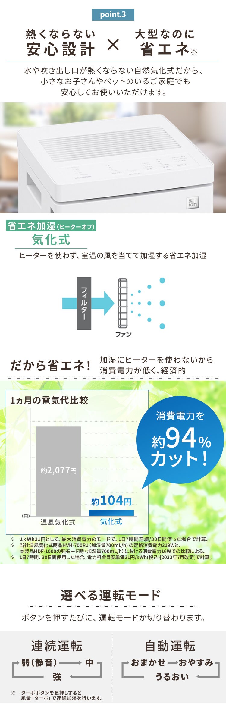 加湿器 気化式 木造15畳 / 洋室25畳 大型 タンク容量7L HDF-1000-W ホワイト2