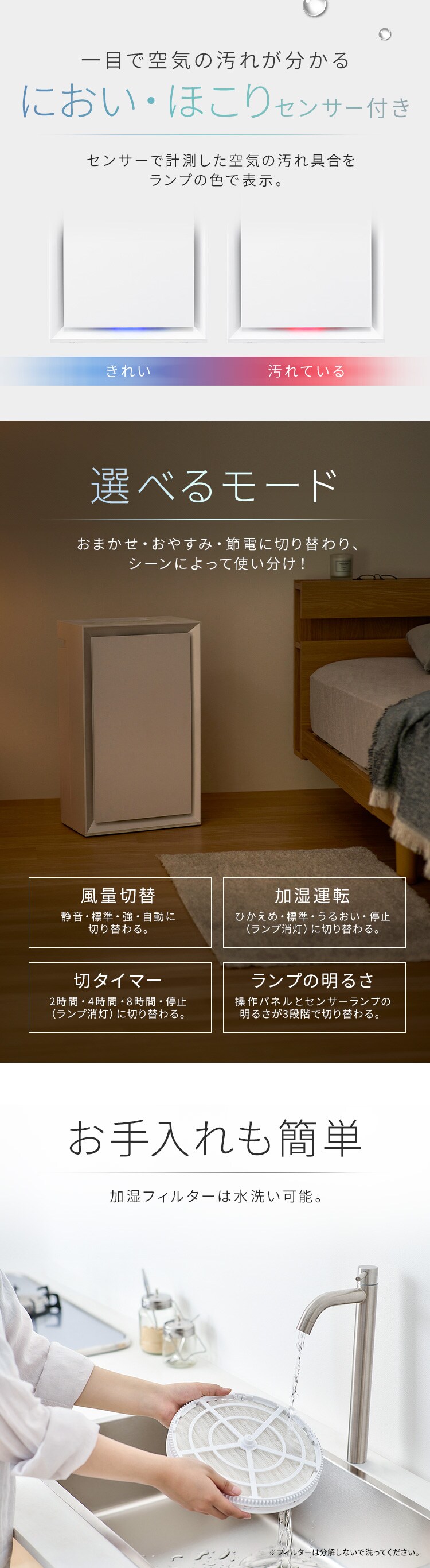 空気清浄機 23畳 加湿空気清浄機 14畳 花粉モード 温度・湿度センサー におい・ほこりセンサー 2WAY給水 お手入れ簡単 KAP-AH501-W ホワイト4