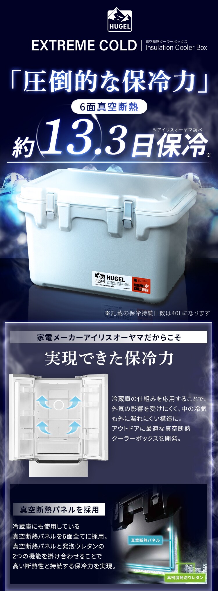 超低温保冷剤付き】クーラーボックス HUGEL 40L 約13.3日保冷 6面真空