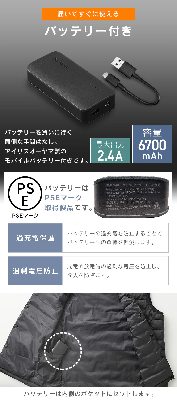 【バッテリー付き】 ヒートベスト メンズ Sサイズ GT21622-BKS ブラック7
