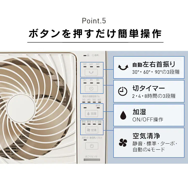 空気清浄機 25畳 加湿空気清浄機 14畳 サーキュレーター付き ほこりセンサー タンク容量 2.7L 首振り 切タイマー CHA-A55-C アイボリー9