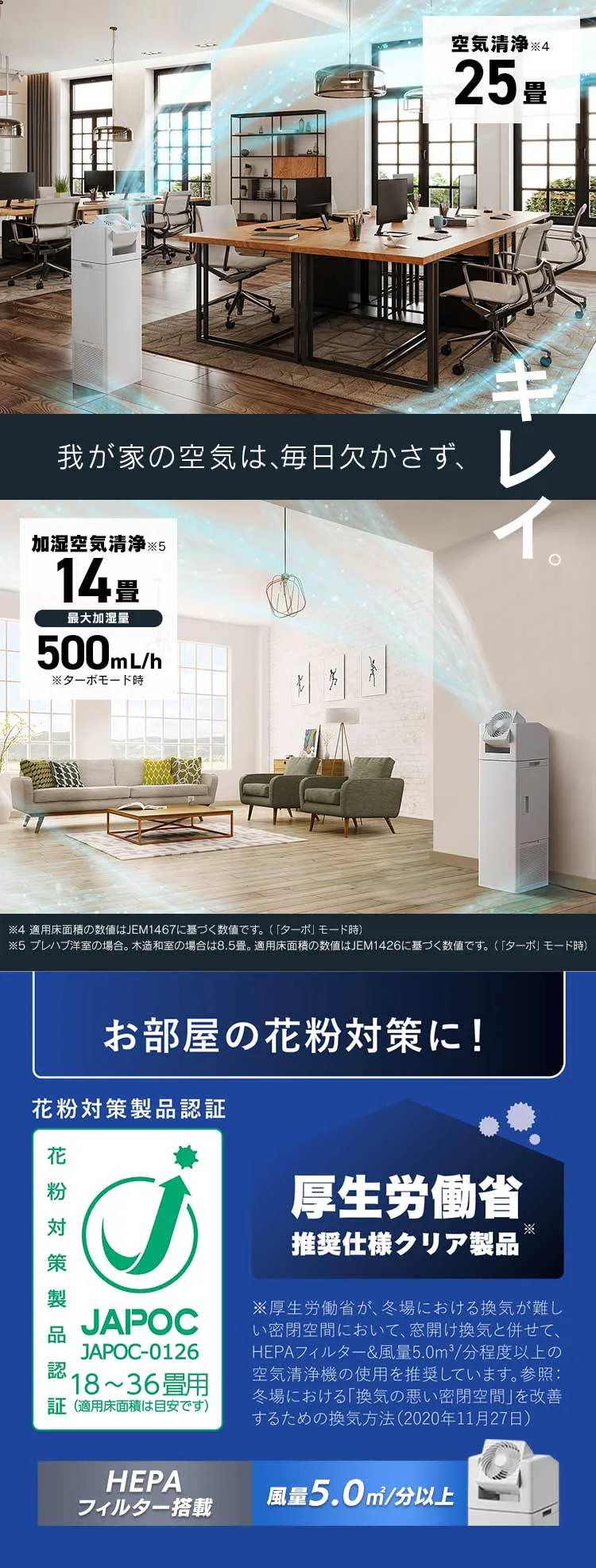 空気清浄機 25畳 サーキュレーター付 加湿 イオンモード KCHA-A55-W ホワイト2
