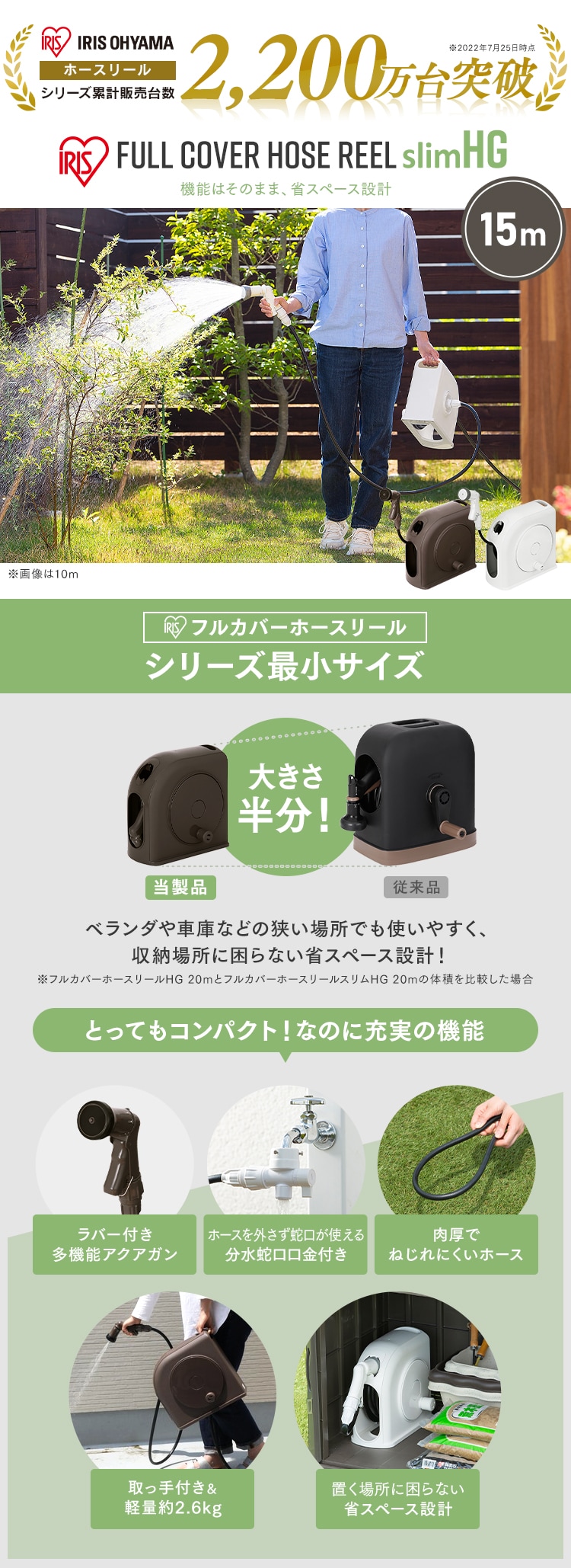 ホースリール 15m フルカバー コンパクト 水流切り替え6種 FSHG-15