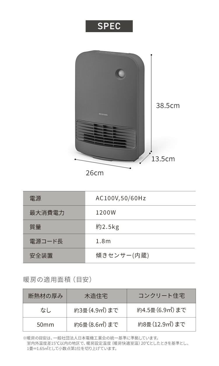 大風量 セラミックヒーター 人感センサー 切タイマー KCH-M121 全2色10
