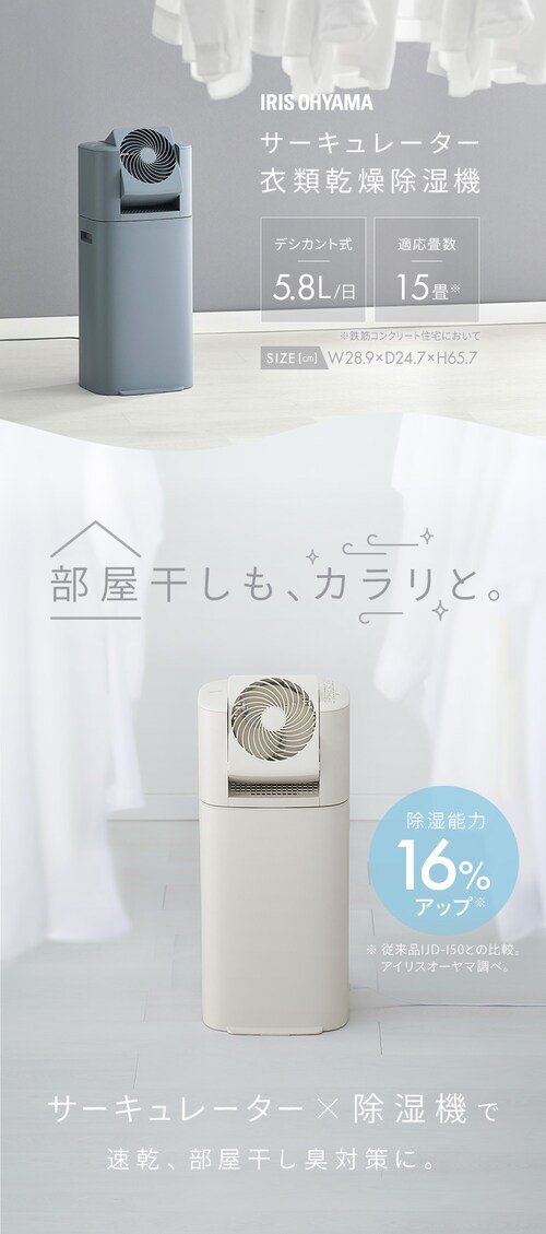 サーキュレーター衣類乾燥除湿機 デシカント式 15畳 5.8L 静音 1台3役 
