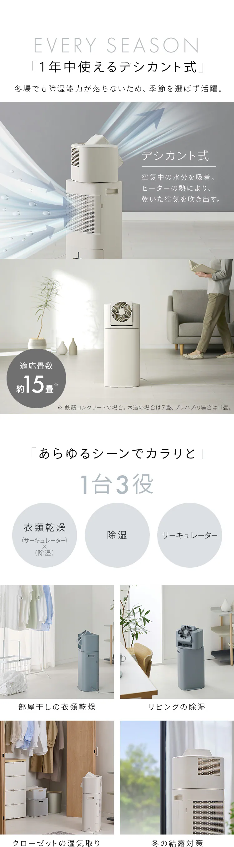 サーキュレーター衣類乾燥除湿機 デシカント式 15畳 5.8L 静音 1台3役 IJDC-P60-C 全2色2
