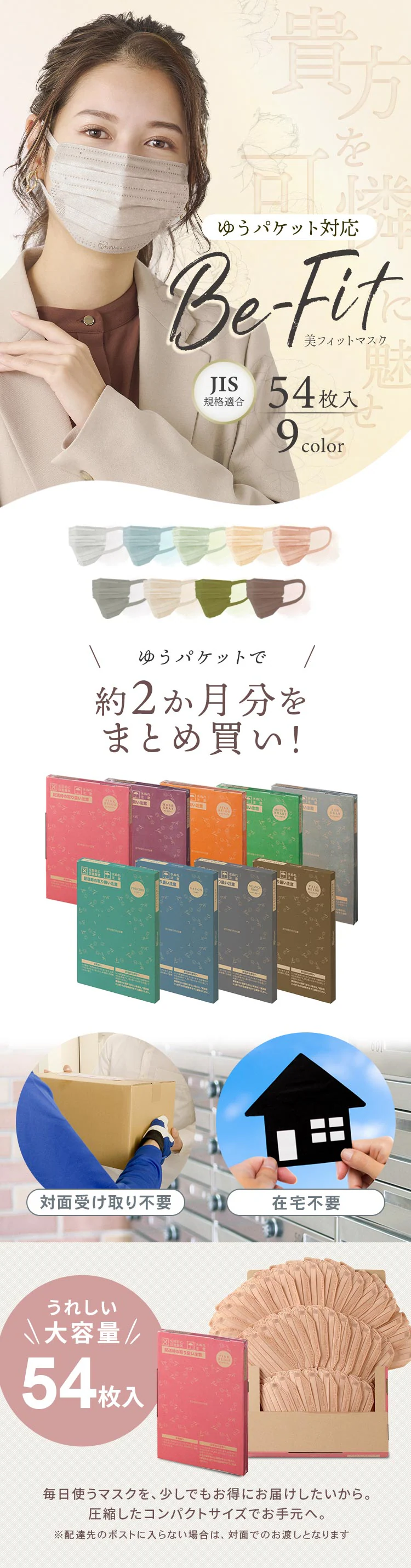 【メール便】【JIS規格適合】美フィットマスク ふつうサイズ 54枚入 PN-BFC54M 全5色【代引き不可】0