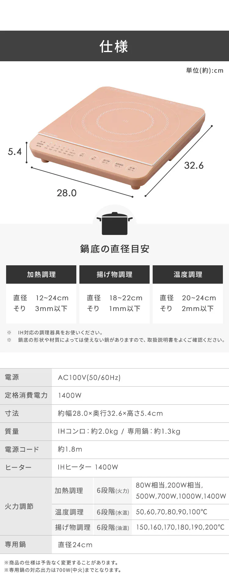 【セット品】 IHコンロ 1口 1400W 鍋 24cm IHKP-T39124-P ピンク6