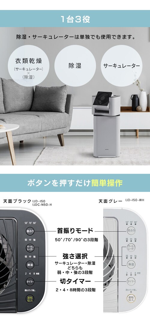サーキュレーター衣類乾燥除湿機 デシカント式 13畳 5L 静音 IJDI50-WH 