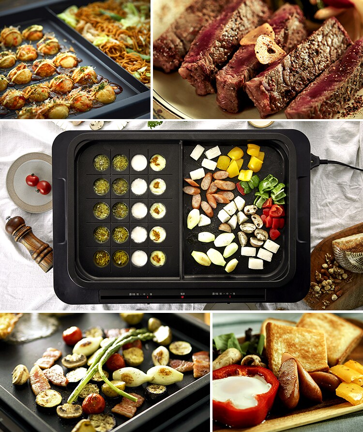 【訳あり】ホットプレート 左右温調 2枚 ブラック (平面/たこ焼き 20穴+平面)1