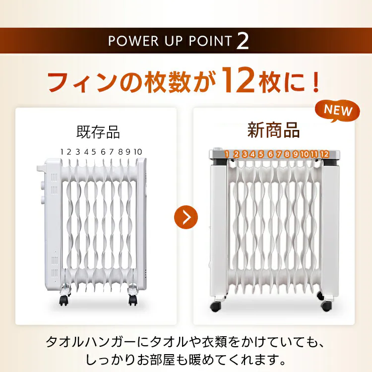 【訳あり】ウェーブ型オイルヒーター メカ式 タオルハンガー付 ホワイト IWHH-1212D-W7