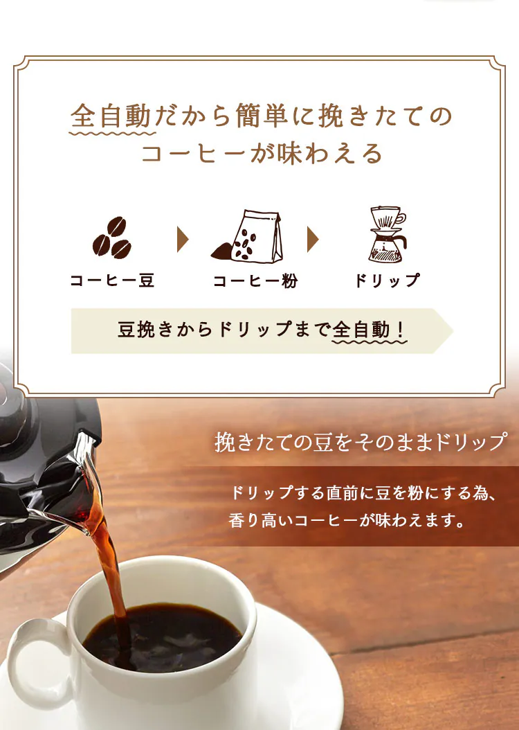 全自動だから簡単に挽きたてのコーヒーが味わえる