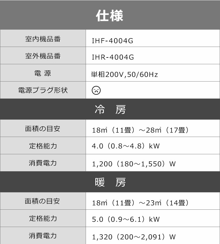 ルームエアコン4.0kW（スタンダード） 14畳 省エネ 左右自動ルーバー搭載IHF-4004G・R-4004G　14畳【代引き不可】18